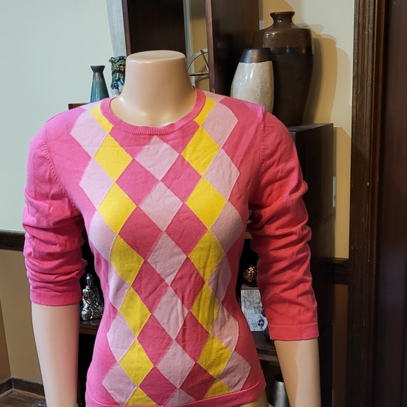 Hot pink sweater with neon-like argyle color design! Barbiecore Isaak Mizrahi! - Picture 5 of 7